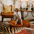 Load image into Gallery viewer, Dog sitting on a brown leather dog bed in a living room with a chair and table in the background.