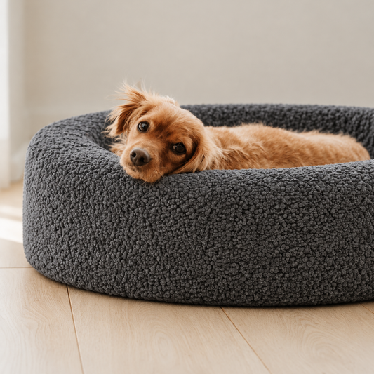 Dog curled up in the Badoodoo Bambi Bouclé Pod round dog bed