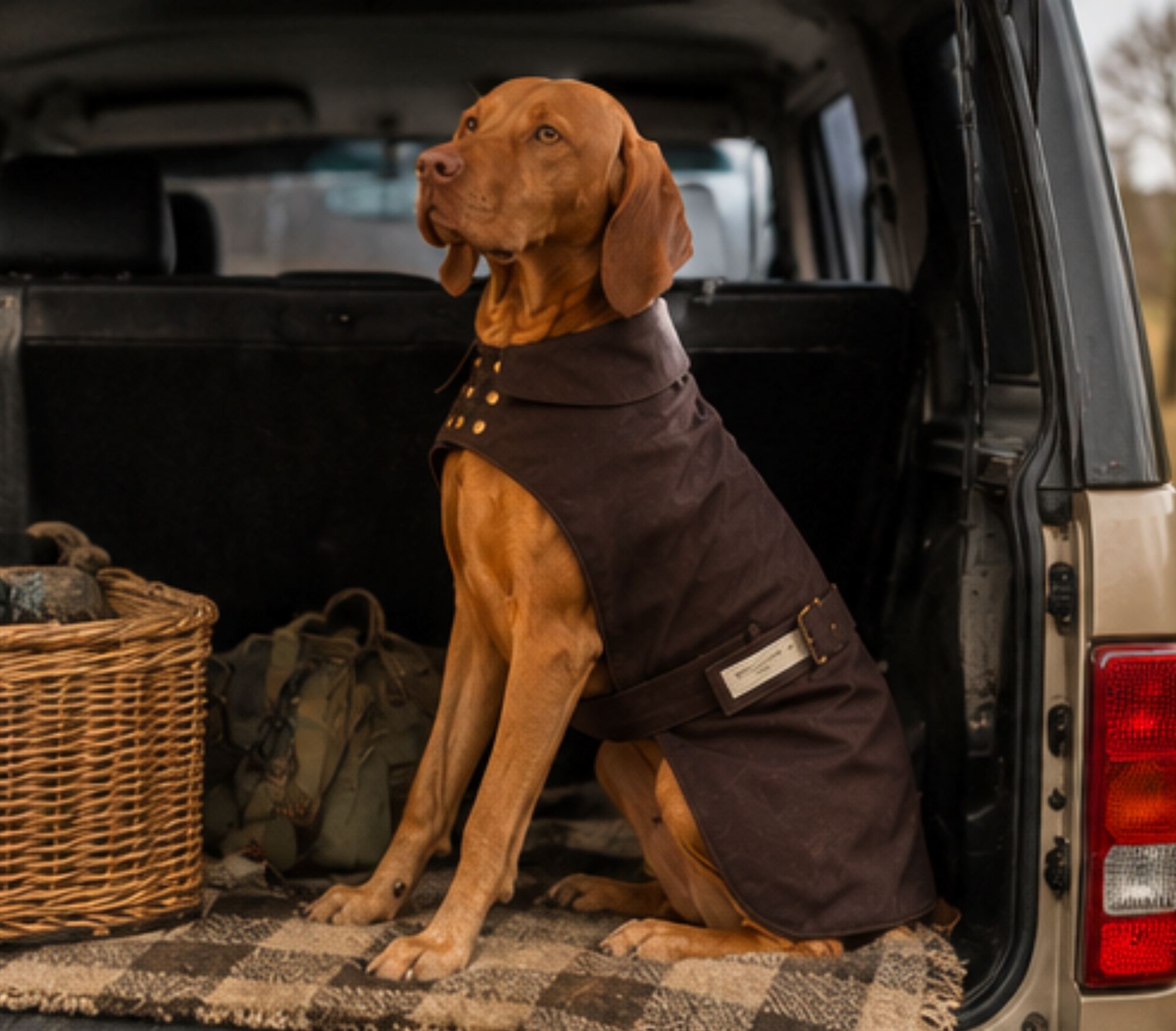 Dog wearing a brown coat sitting in the back of an open car trunk.