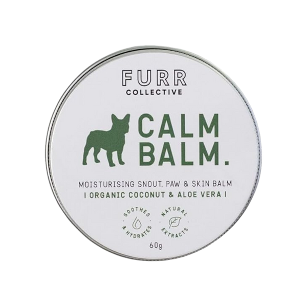 natural dog balm in tin with white and green label 