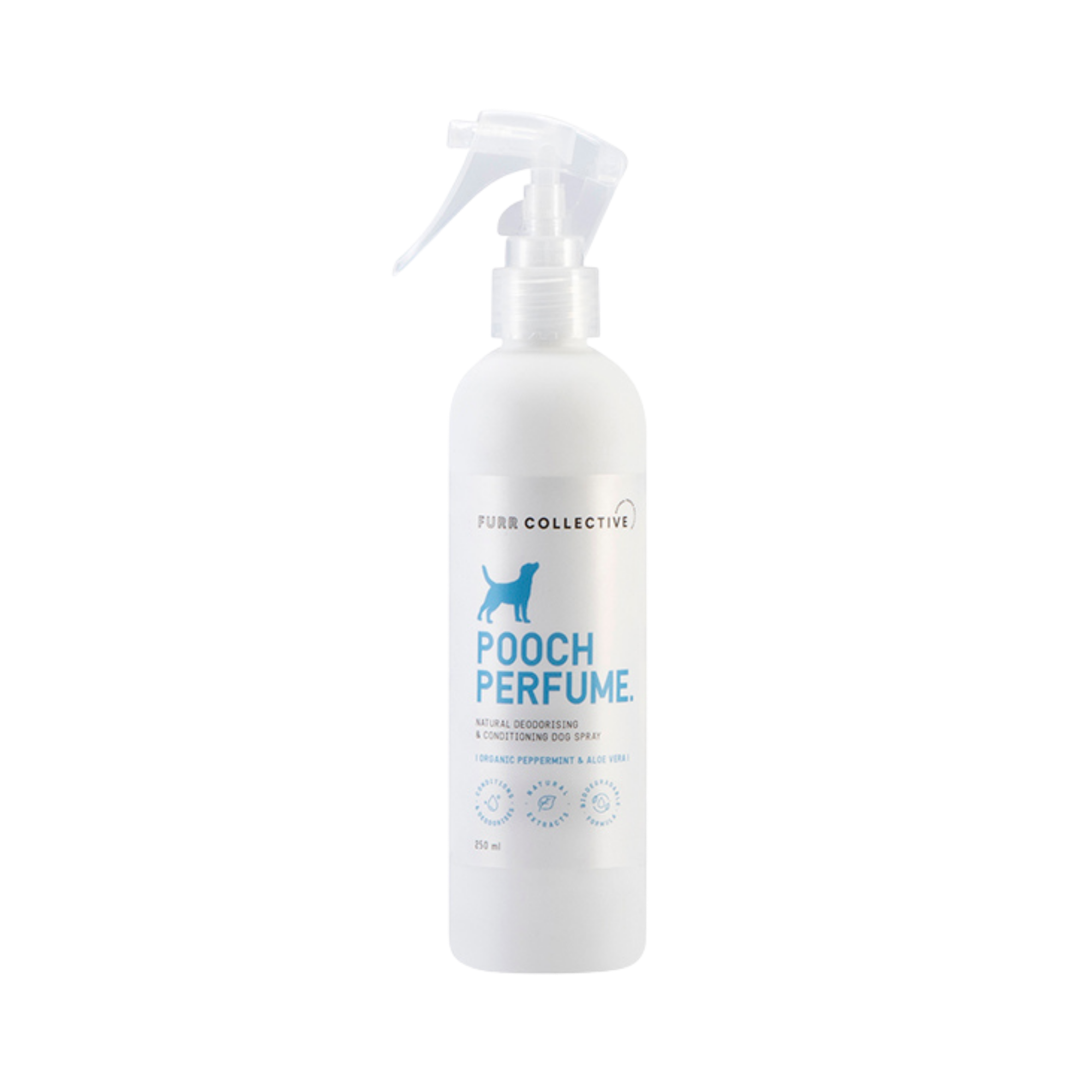 white dog perfume spray bottle with blue writing 