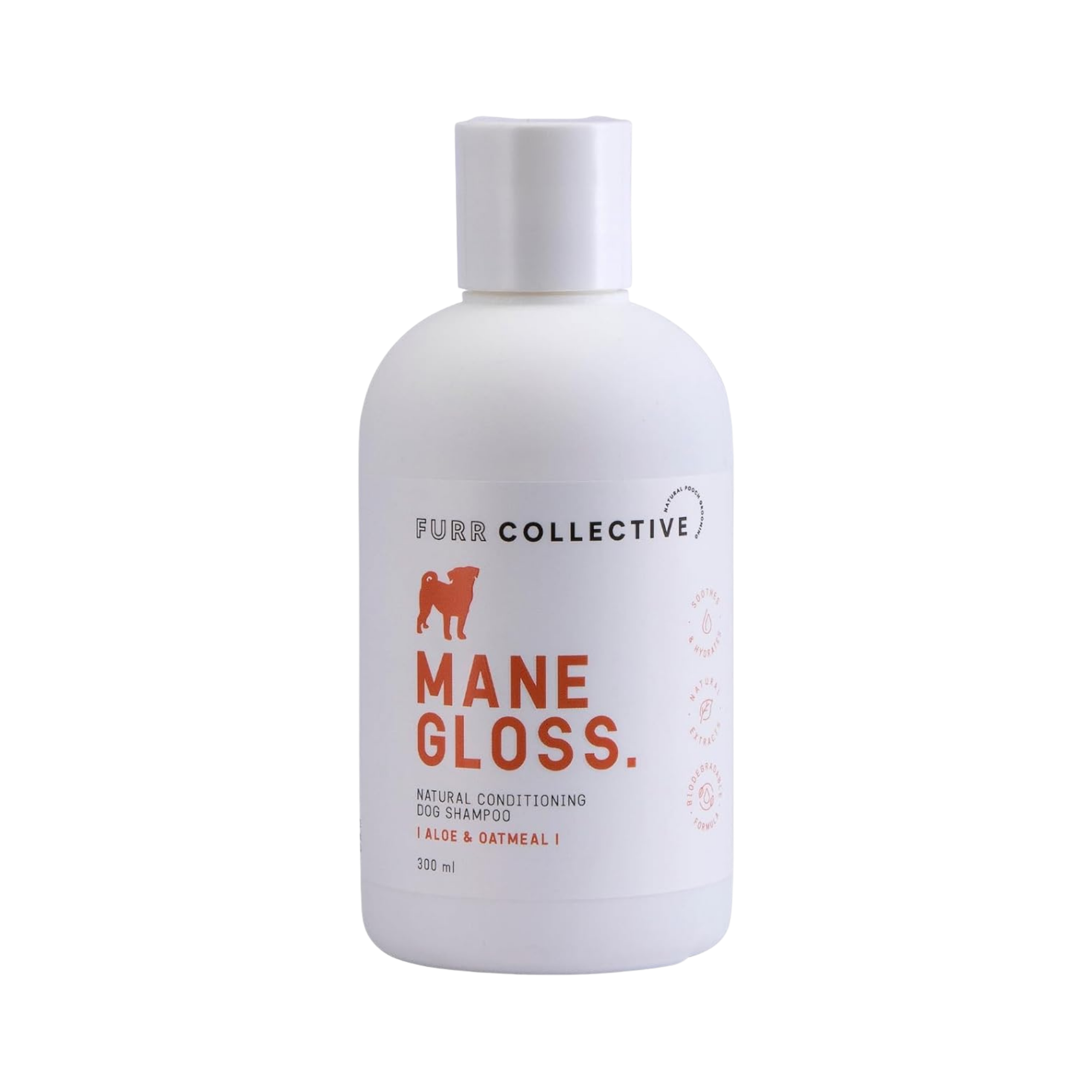 product image of mane gloss dog shampoo in white bottle with orange writing 