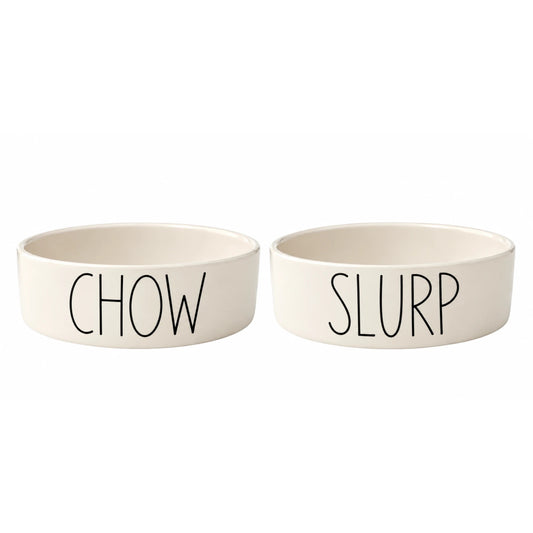 Matching cream ceramic dog bowls hand painted CHOW and SLURP in black lettering