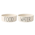Load image into Gallery viewer, Matching cream ceramic dog bowls hand painted FOOD and WATER in black lettering
