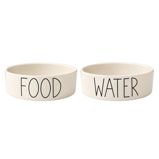 Matching cream ceramic dog bowls hand painted FOOD and WATER in black lettering