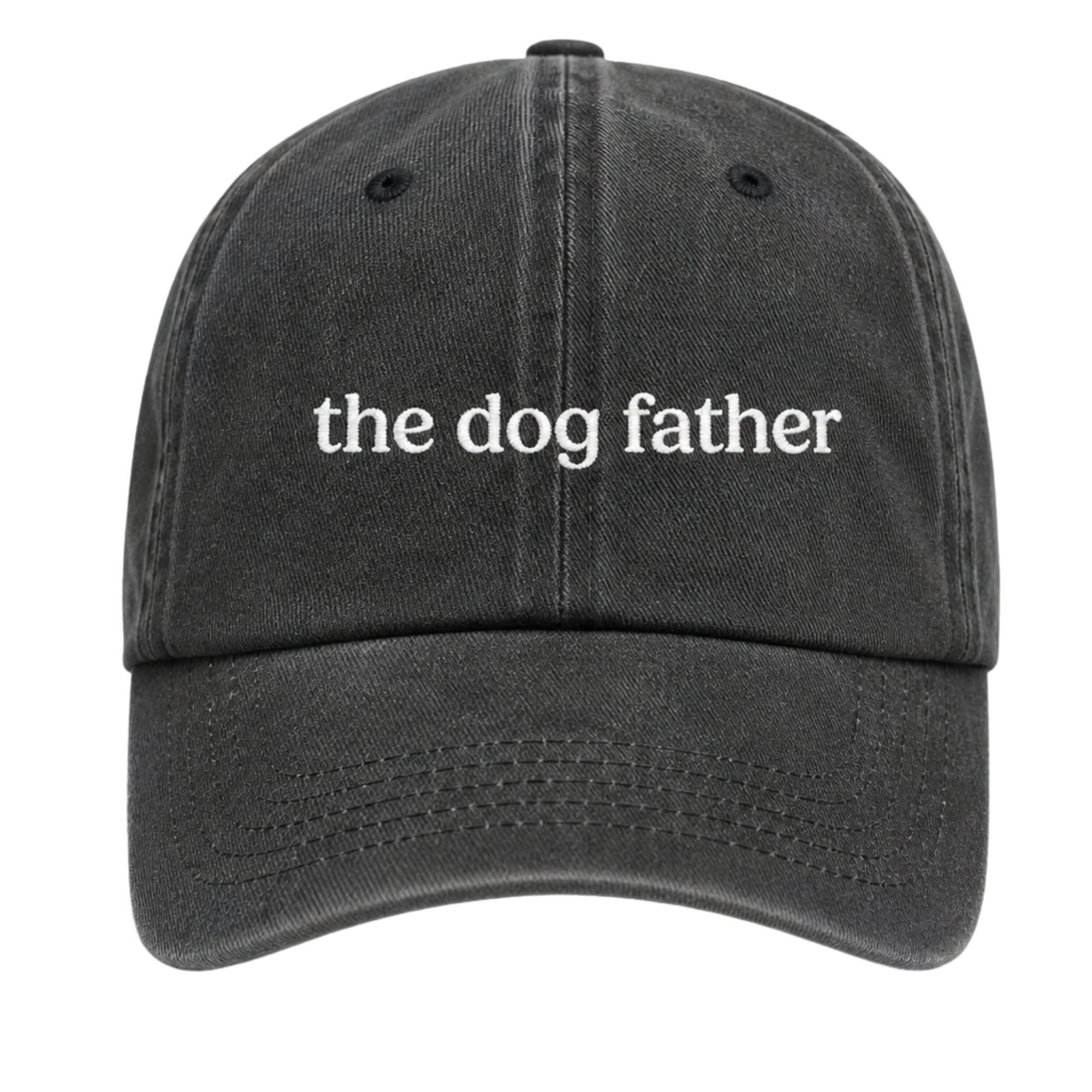 Black cap with 'the dog father' text on a white background