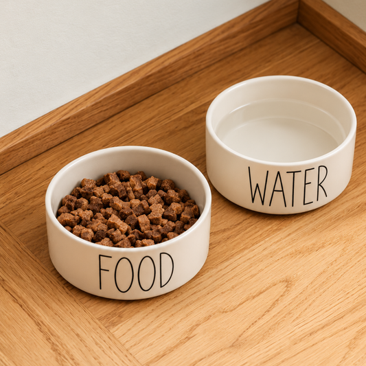 Matching cream ceramic dog bowls hand painted FOOD and WATER on a wooden floor