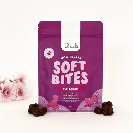 Gizzls Soft Bites calming soft dog treats pouch with treats