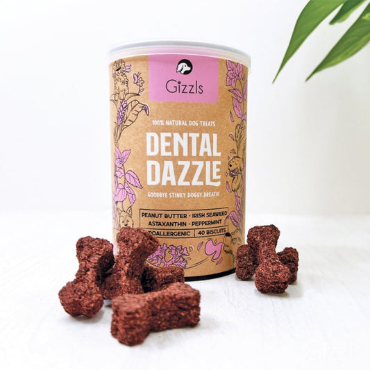 Gizzls Dental Dazzle natural dog treats tin with bone shaped treats