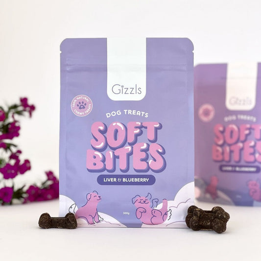 Gizzls Soft Bites liver and blueberry soft dog treats in two sizes