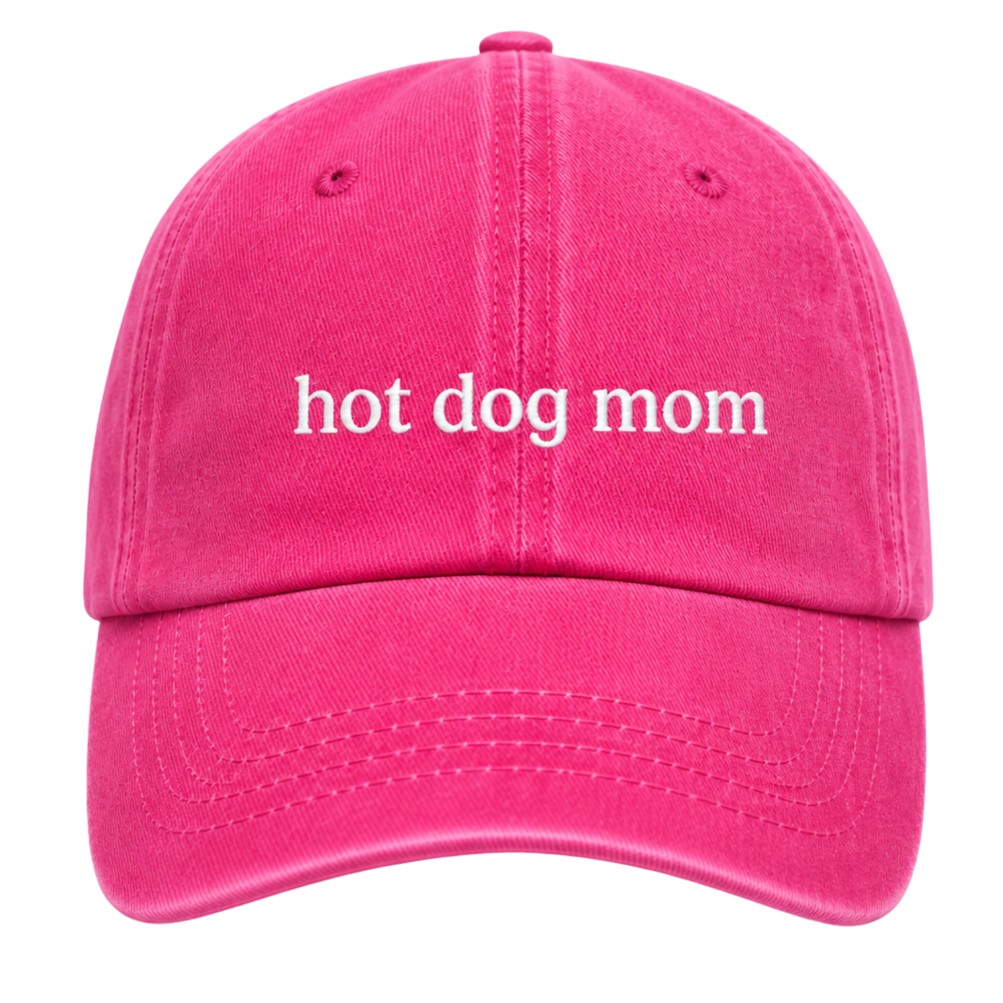 hot pink cap with "hot dog mom" embroidered in white 