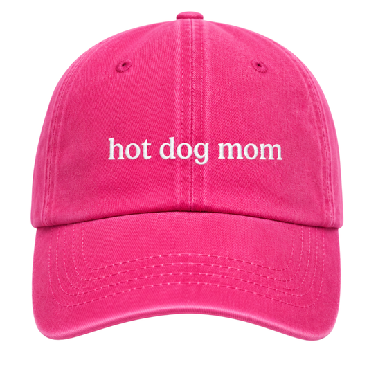 hot pink cap with "hot dog mom" embroidered in white 