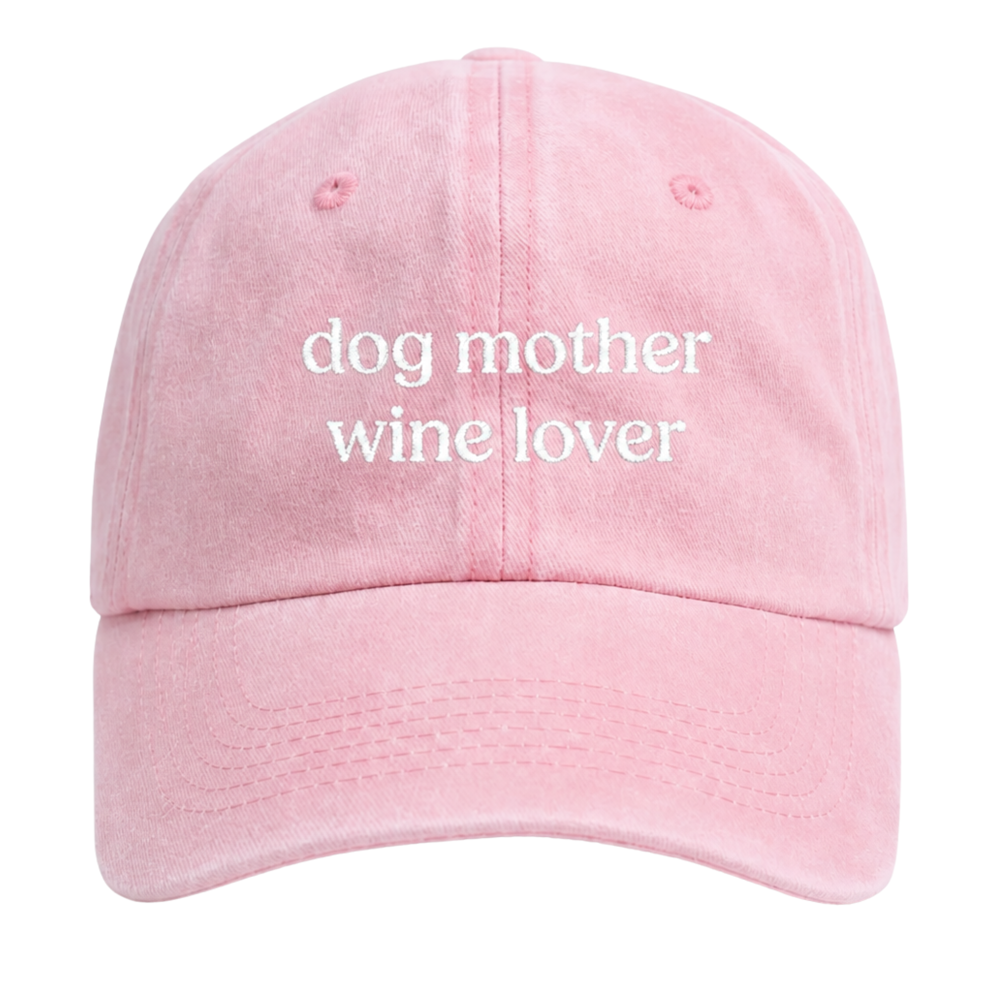 Pink cap with 'dog mother wine lover' text on a white background