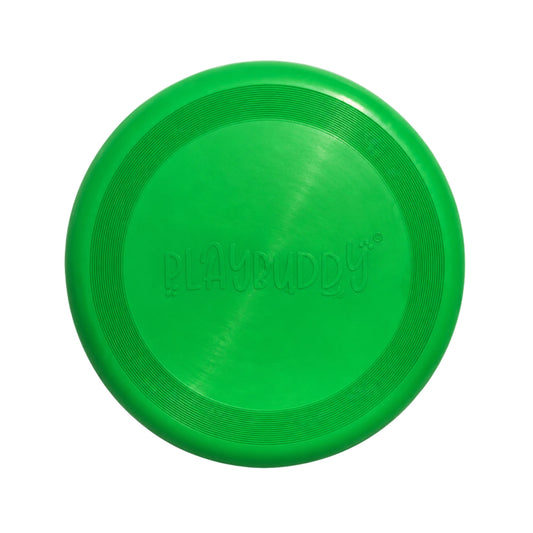 Green PlayBuddy rubber frisbee dog toy