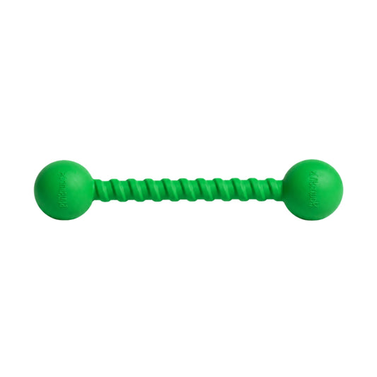Green PlayBuddy Twizzoo rubber tug and fetch dog toy