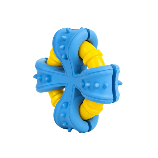 Blue and yellow Zugo Biteblast double ring chew toy for dogs