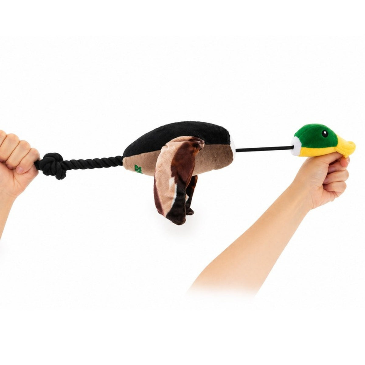 Hands stretching the Zugo Quackshot duck plush toy bungee rope to launch it